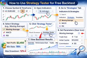 روش های گرفتن بک تست رایگان در تریدینگ ویو: استفاده از بخش Strategy Tester
